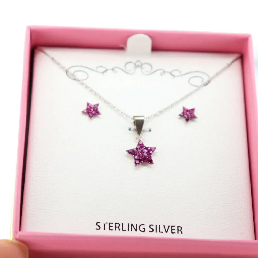 Sterling Silver Purple Crystal Star Necklace and Earring Set